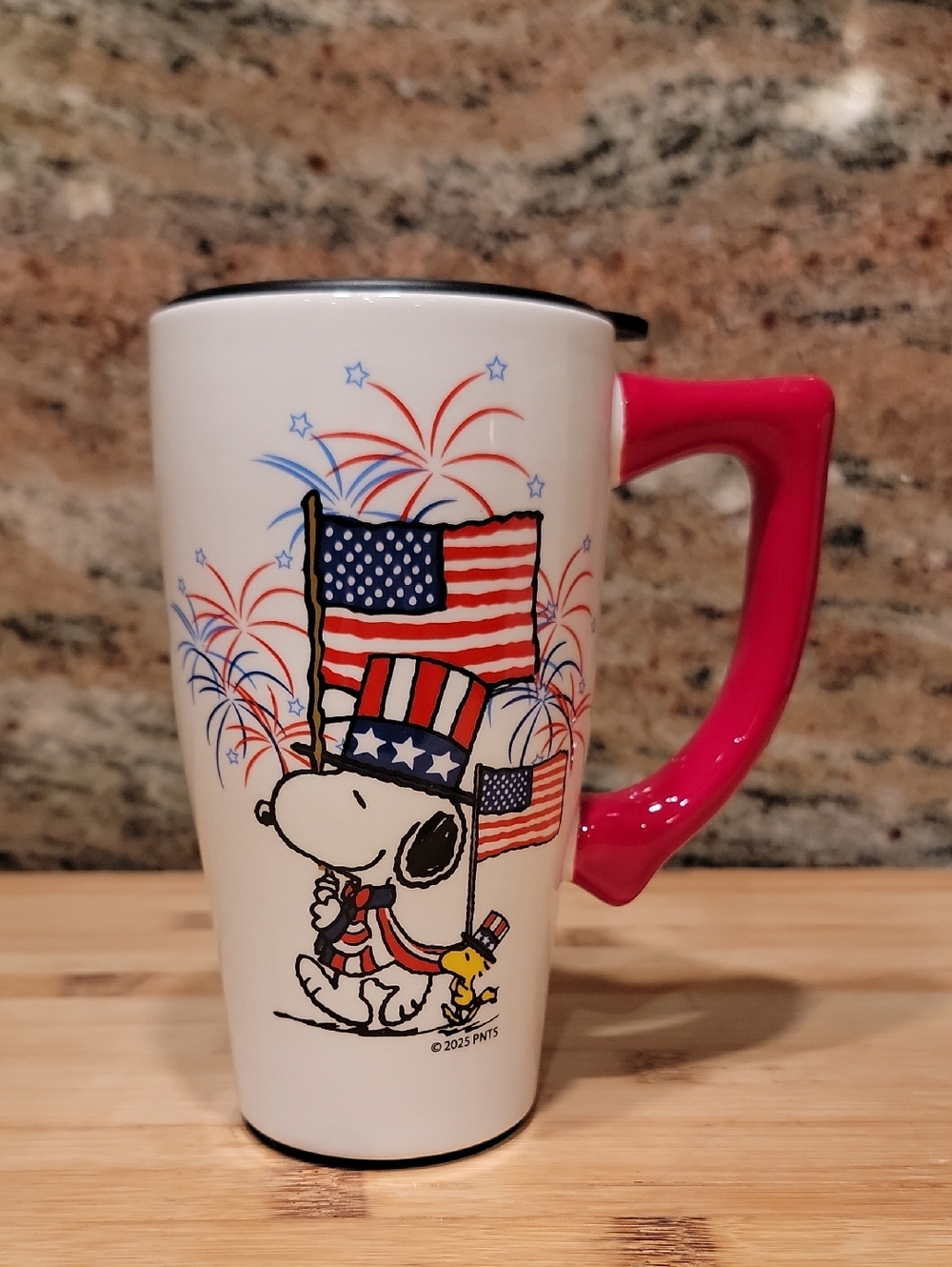 Peanuts Ceramic Snoopy and Woodstock Americana 4th of July Travel Mug